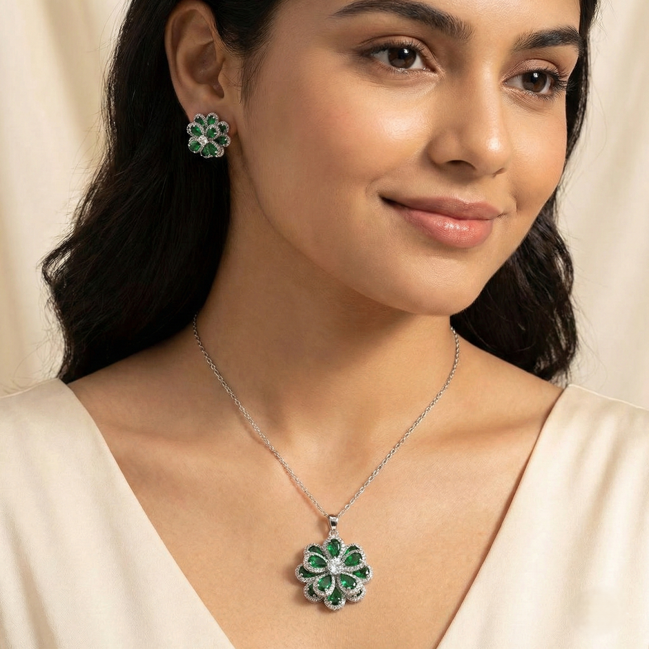 Crystal & Emerald Green Stone Flower Necklace Set