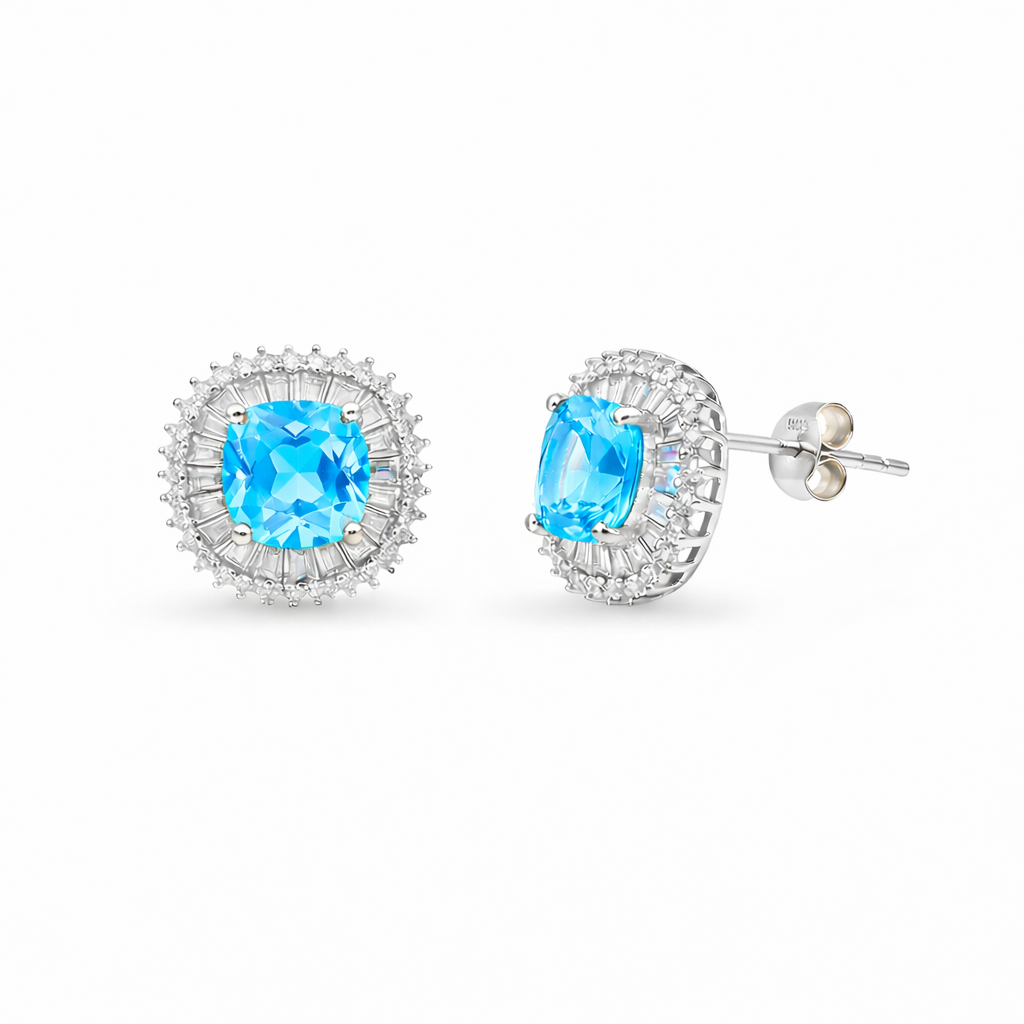 Aqua Blue Crystal Halo Necklace & Stud Earrings Set