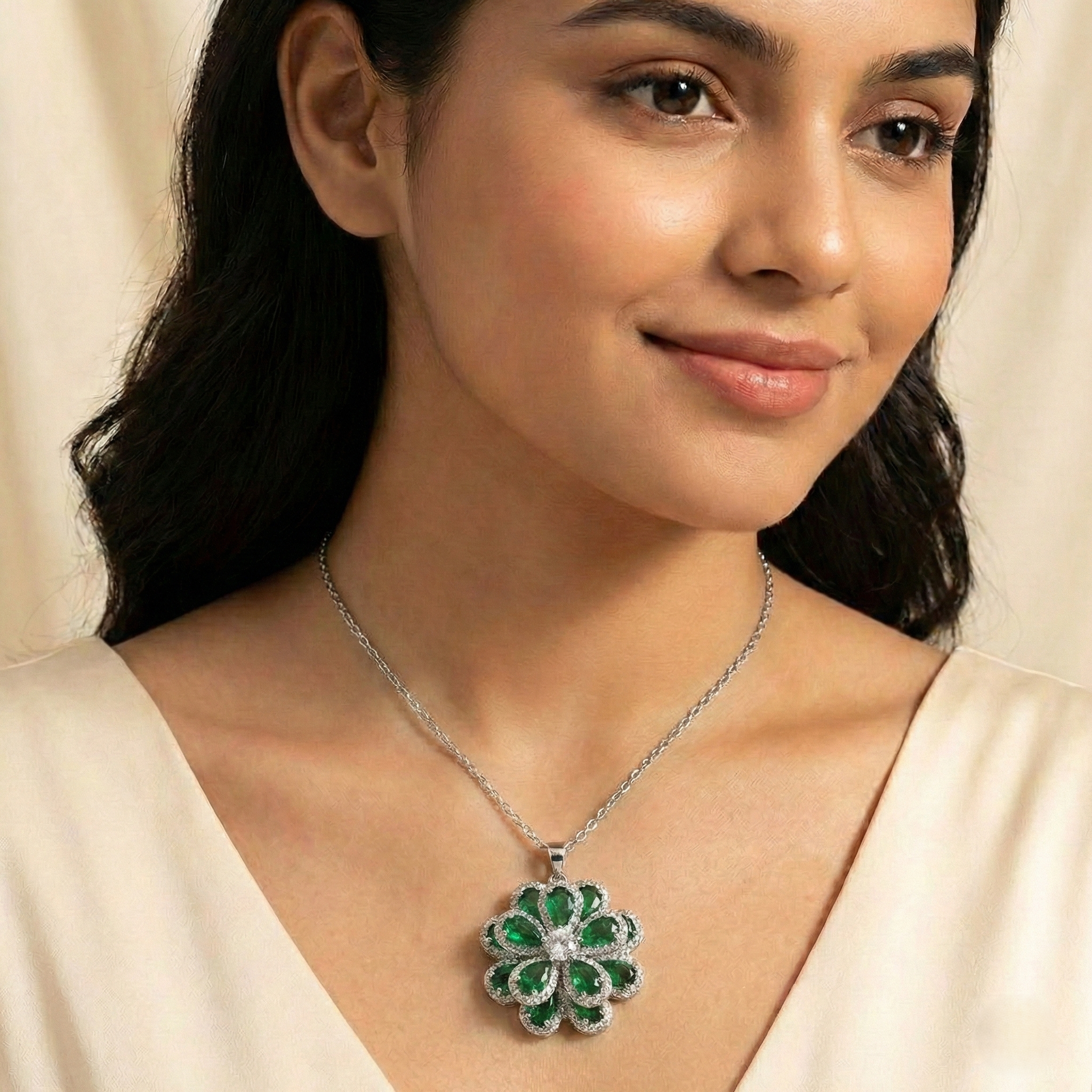 Crystal & Emerald Green Stone Flower Necklace Set