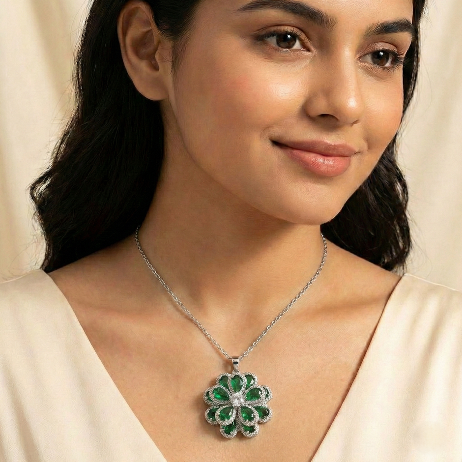 Crystal & Emerald Green Stone Flower Necklace Set