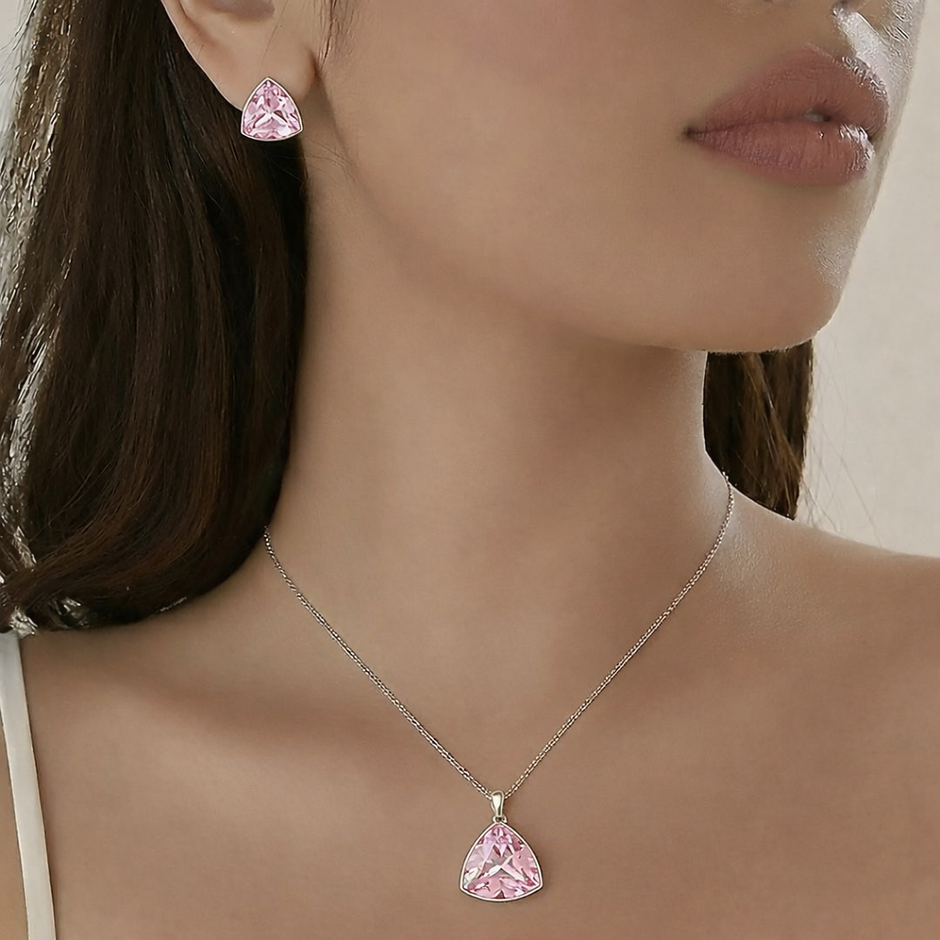 Cindrella Pink Triangle Pendant Necklace & Stud Earrings Set