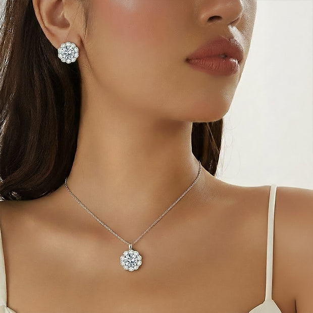 Silver Crystal Halo Pendant Necklace & Stud Earrings Set