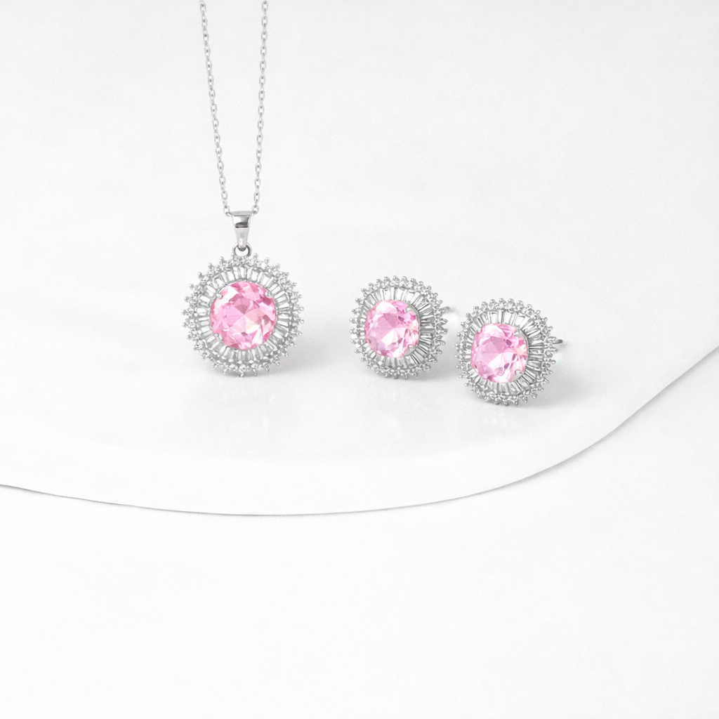 Elegant Pink Crystal Halo Necklace & Stud Earrings Set