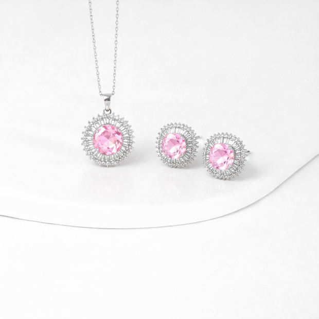Elegant Pink Crystal Halo Necklace & Stud Earrings Set