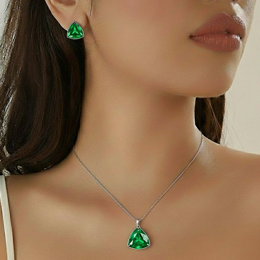 Emerald Green Triangle Pendant Necklace & Stud Earrings Set