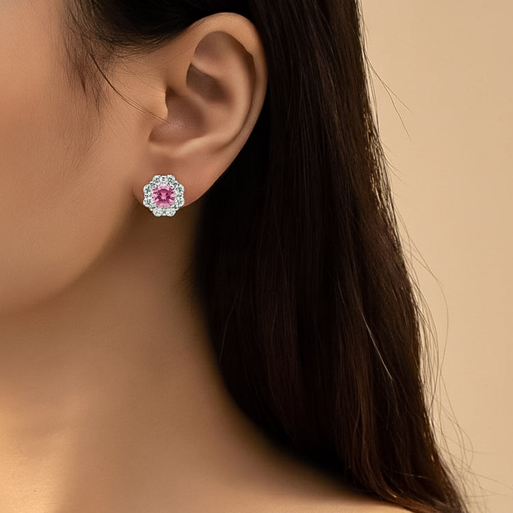 Blush Pink Crystal Halo Pendant Necklace & Stud Earrings Set