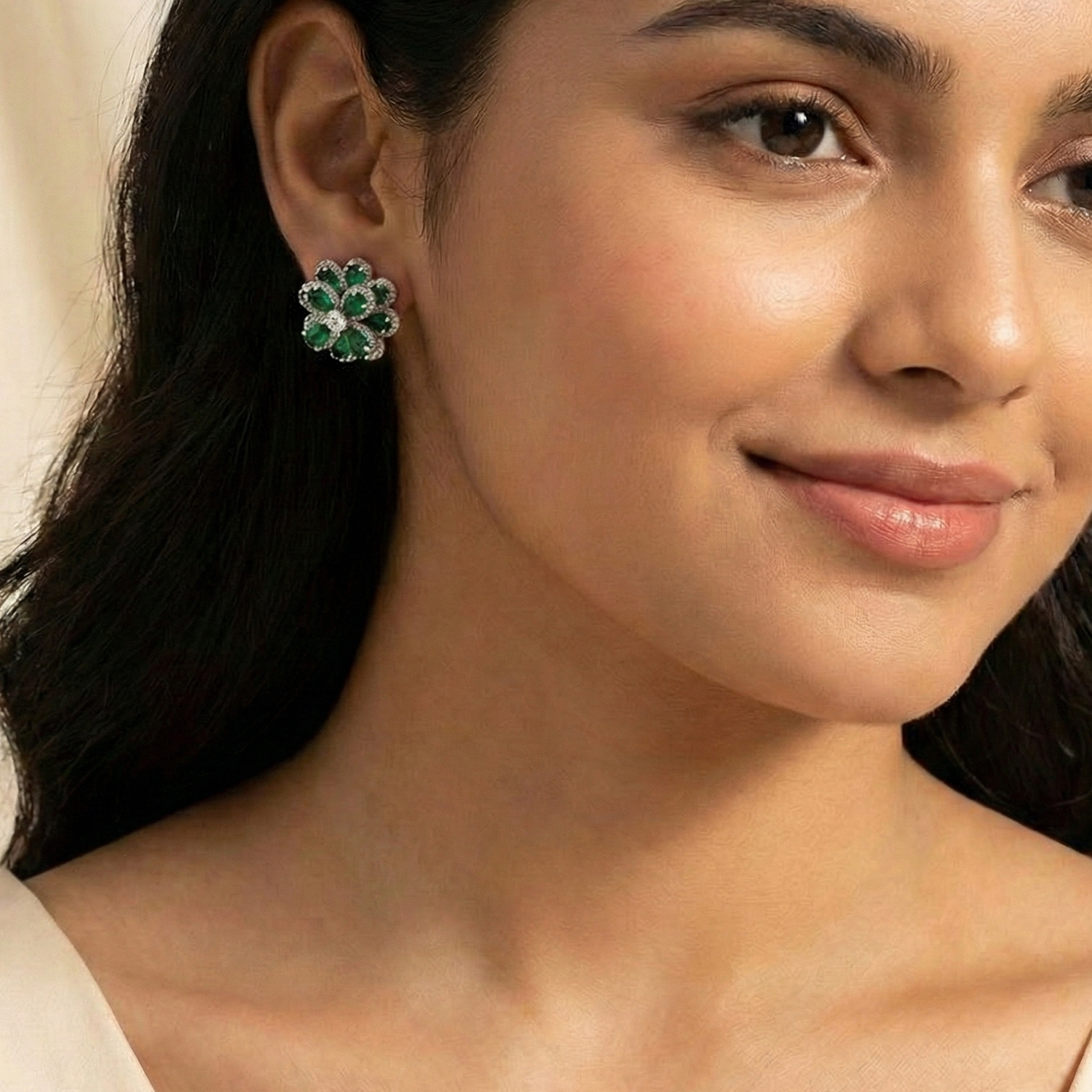 Crystal & Emerald Green Stone Flower Necklace Set