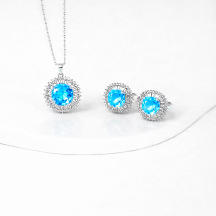 Aqua Blue Crystal Halo Necklace & Stud Earrings Set