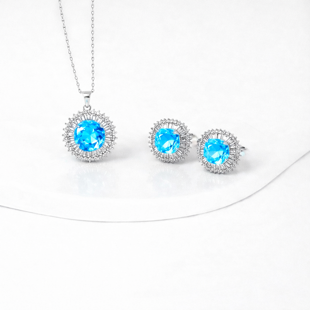 Aqua Blue Crystal Halo Necklace & Stud Earrings Set