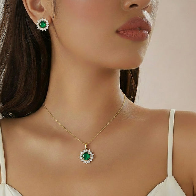 Royal Green Sunflower Necklace & Stud Earrings Set