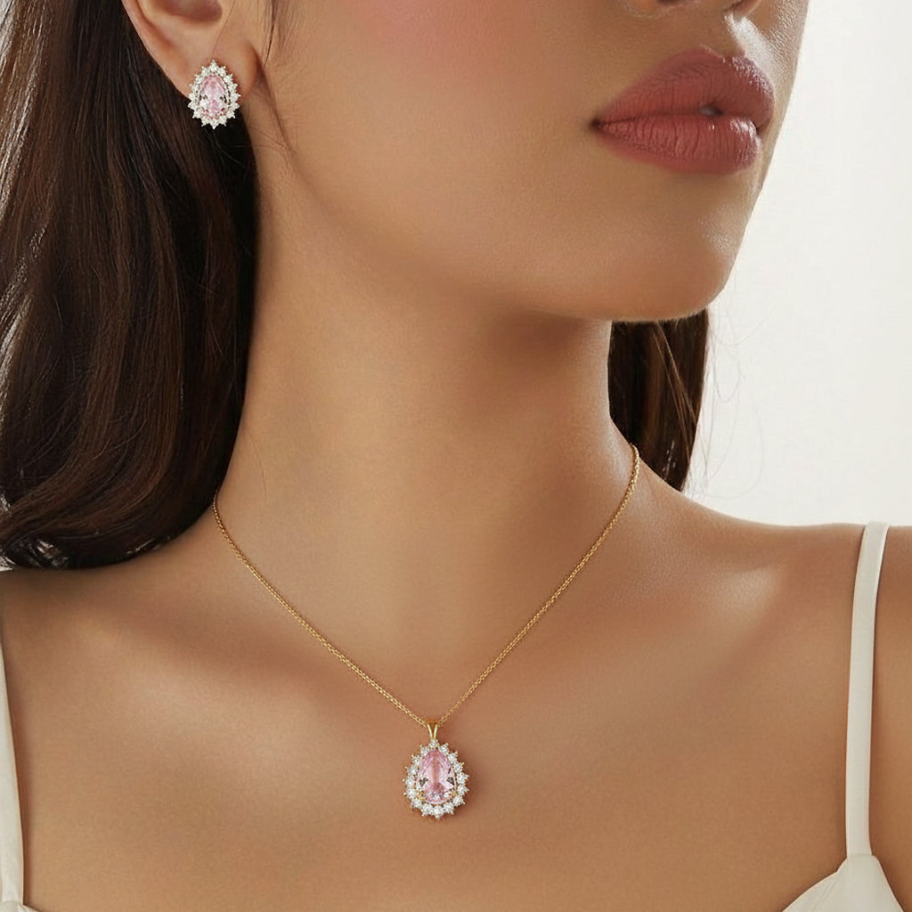 Misted Rose Teardrop Stone Necklace & Stud Earrings Set