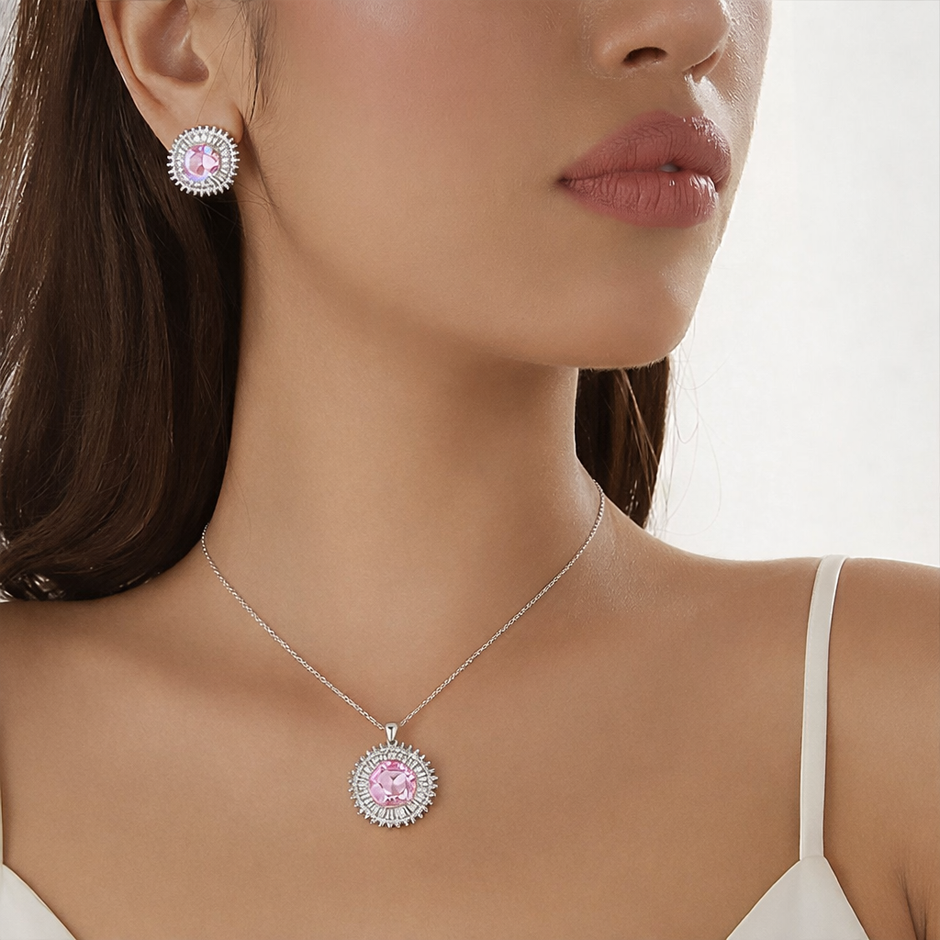 Elegant Pink Crystal Halo Necklace & Stud Earrings Set