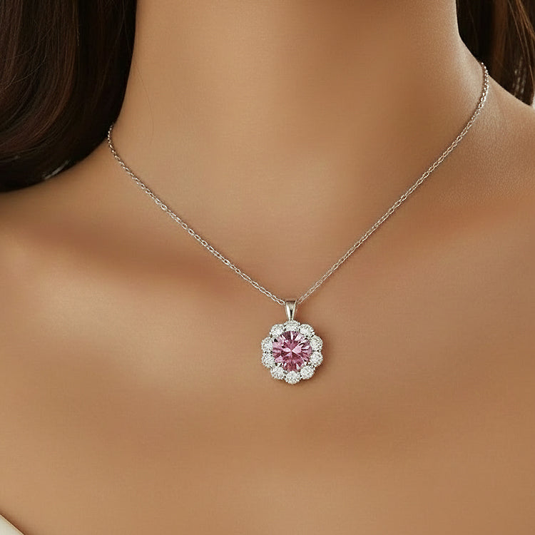 Blush Pink Crystal Halo Pendant Necklace & Stud Earrings Set