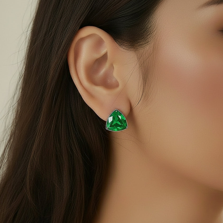 Emerald Green Triangle Pendant Necklace & Stud Earrings Set