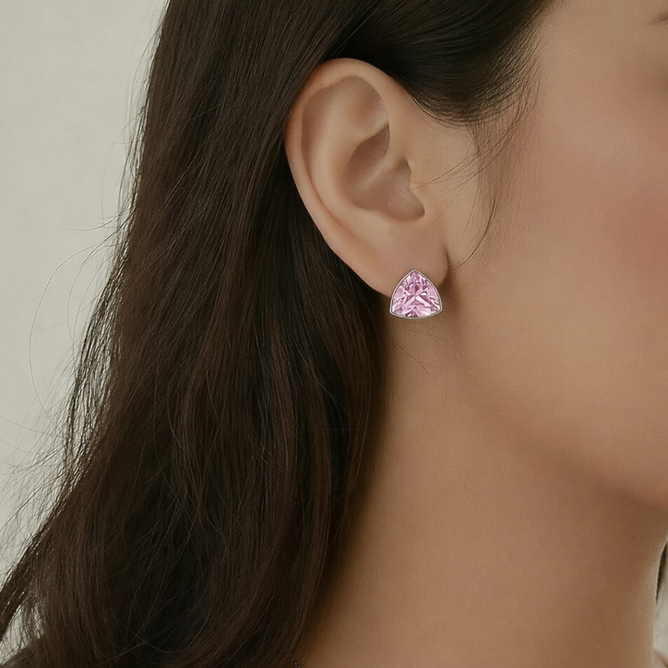 Cindrella Pink Triangle Pendant Necklace & Stud Earrings Set