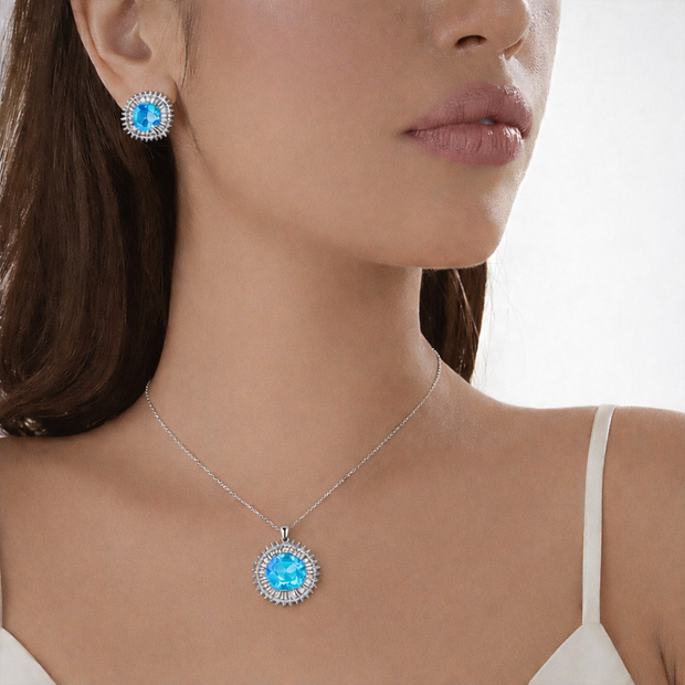 Aqua Blue Crystal Halo Necklace & Stud Earrings Set