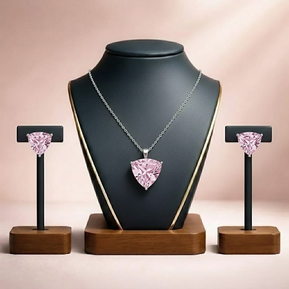 Cindrella Pink Triangle Pendant Necklace & Stud Earrings Set