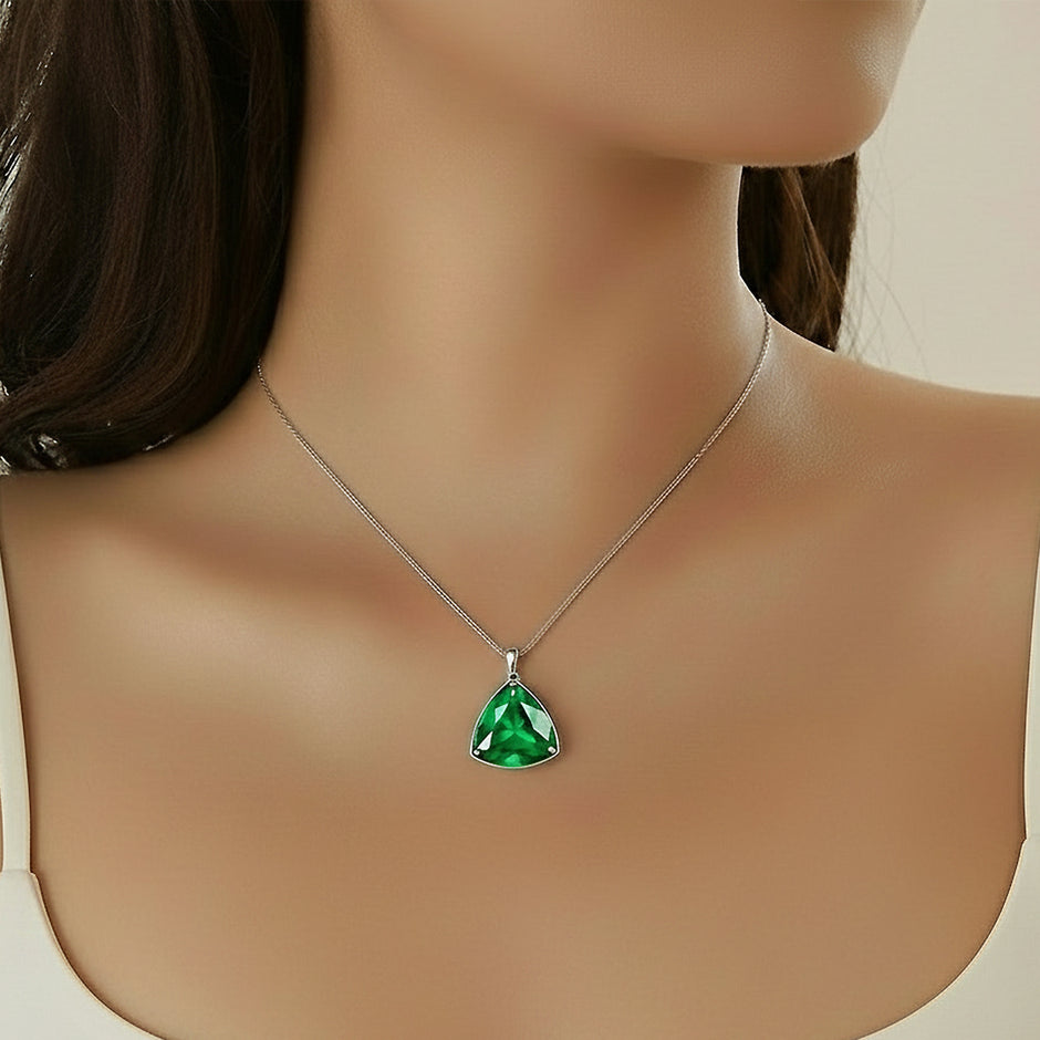 Emerald Green Triangle Pendant Necklace & Stud Earrings Set