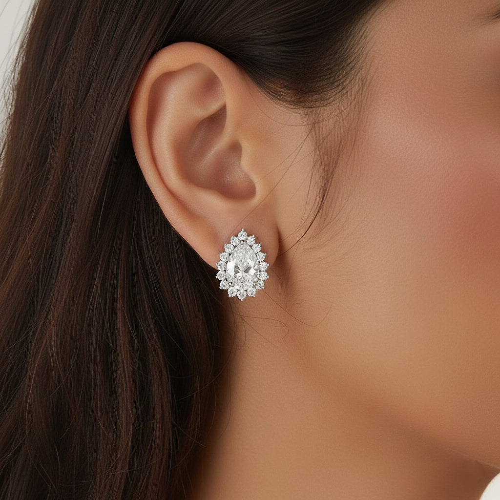 Silver Teardrop Stone Necklace & Stud Earrings Set