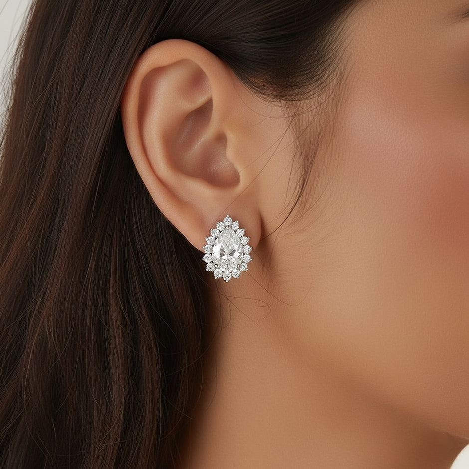 Silver Teardrop Stone Necklace & Stud Earrings Set