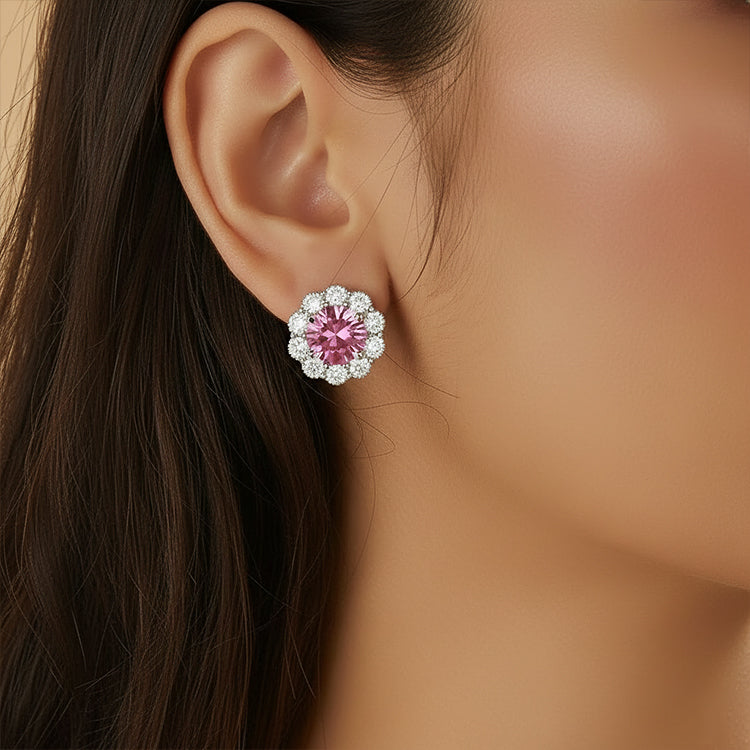 Blush Pink Crystal Halo Pendant Necklace & Stud Earrings Set