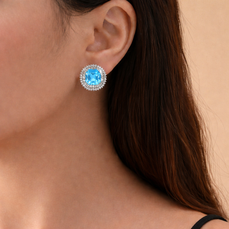 Aqua Blue Crystal Halo Necklace & Stud Earrings Set