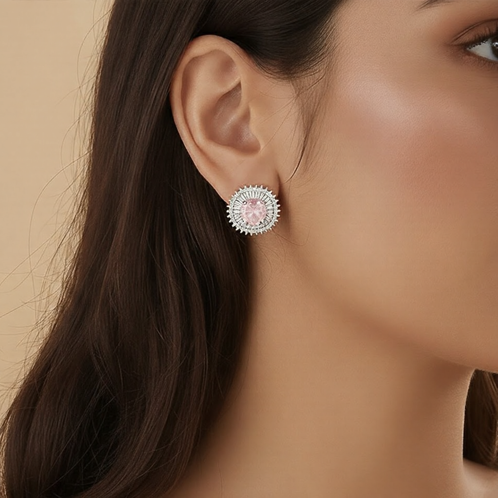 Elegant Pink Crystal Halo Necklace & Stud Earrings Set