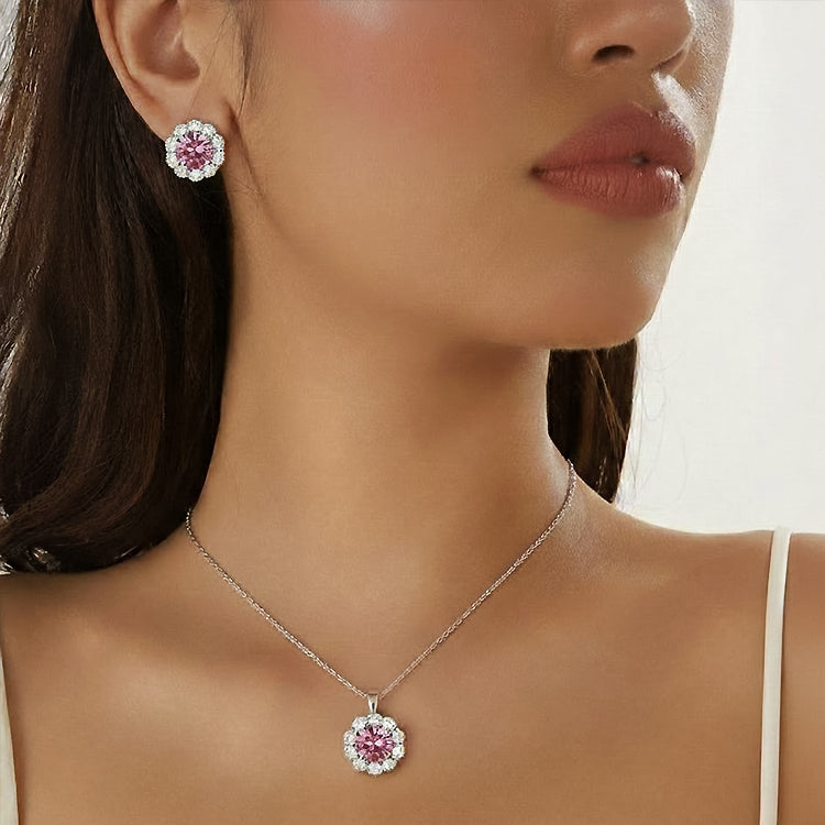 Blush Pink Crystal Halo Pendant Necklace & Stud Earrings Set