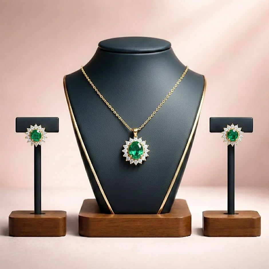 Royal Green Sunflower Necklace & Stud Earrings Set