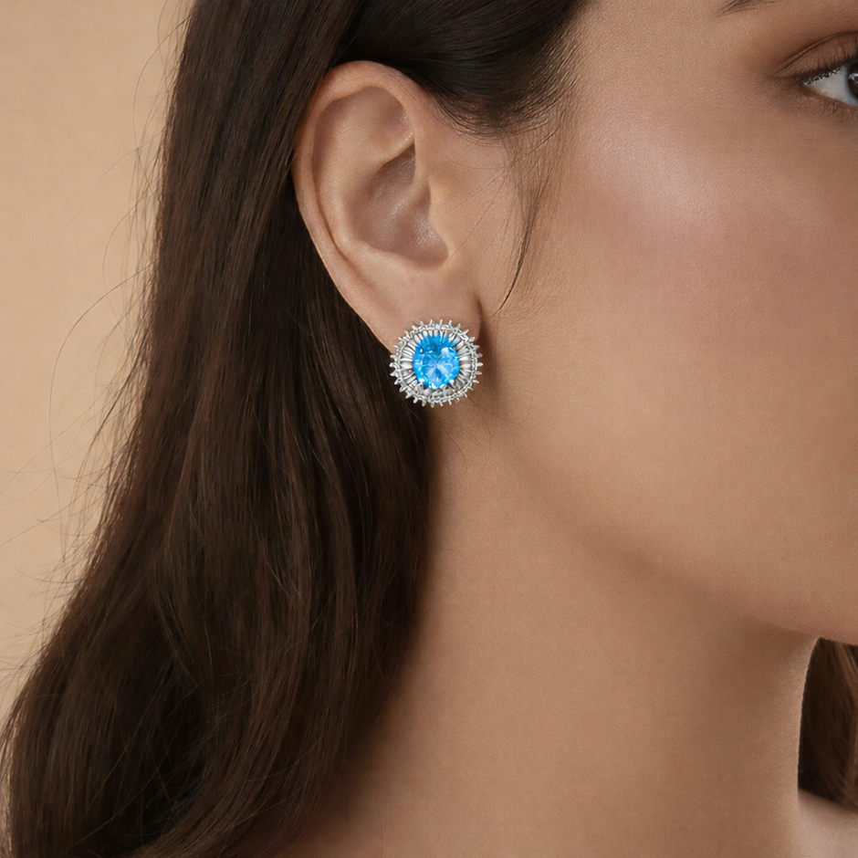 Aqua Blue Crystal Halo Necklace & Stud Earrings Set