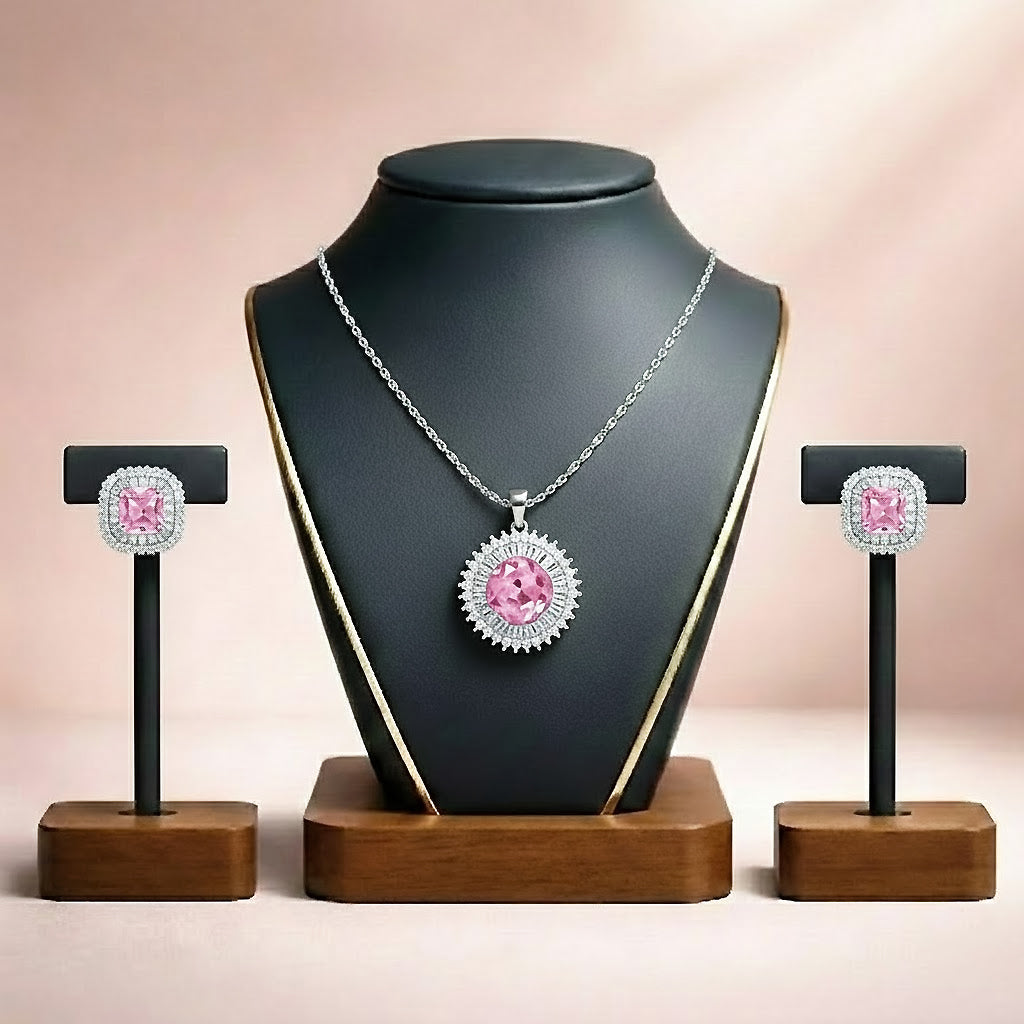 Elegant Pink Crystal Halo Necklace & Stud Earrings Set