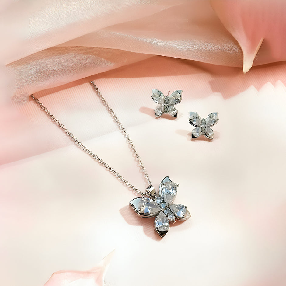 Silver Crystal Butterfly Pendant Necklace & Stud Earrings Set