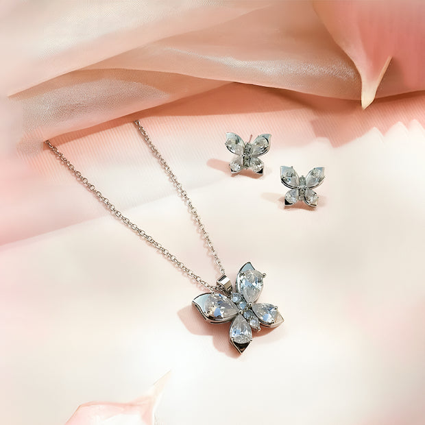 Silver Crystal Butterfly Pendant Necklace & Stud Earrings Set