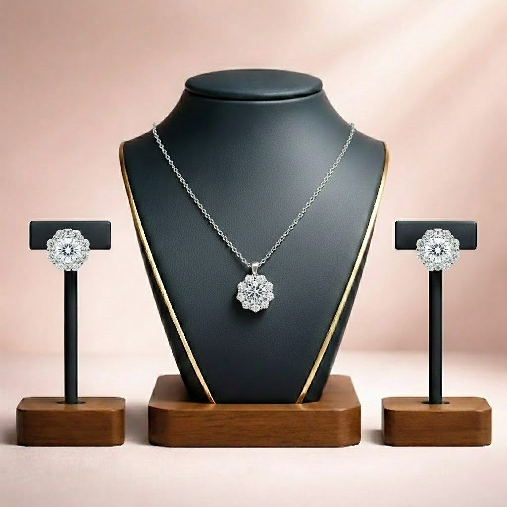 Silver Crystal Halo Pendant Necklace & Stud Earrings Set