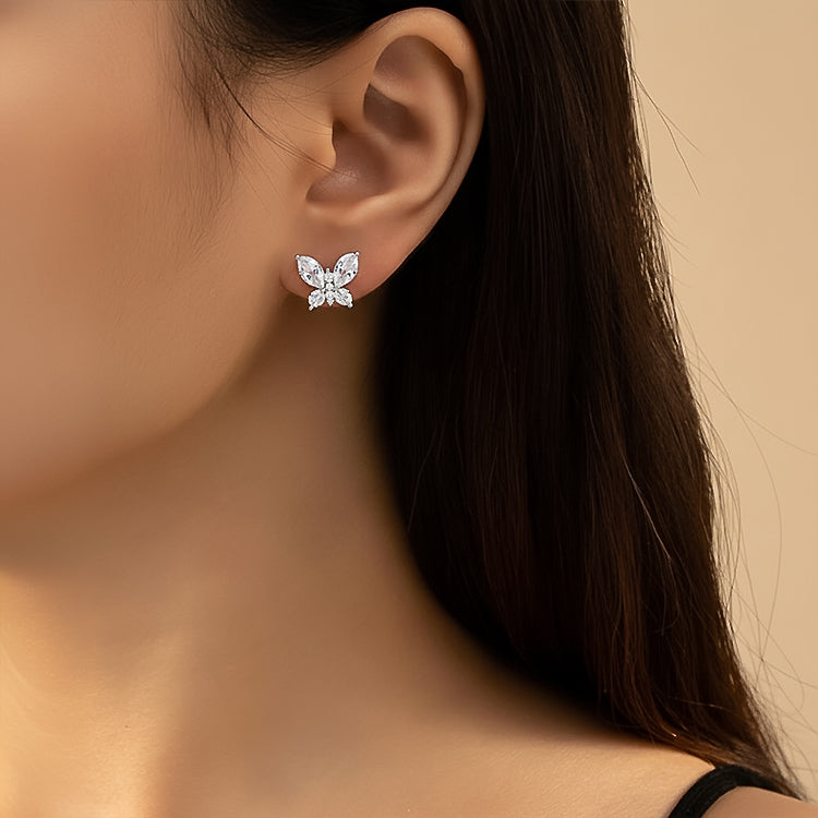 Silver Crystal Butterfly Pendant Necklace & Stud Earrings Set