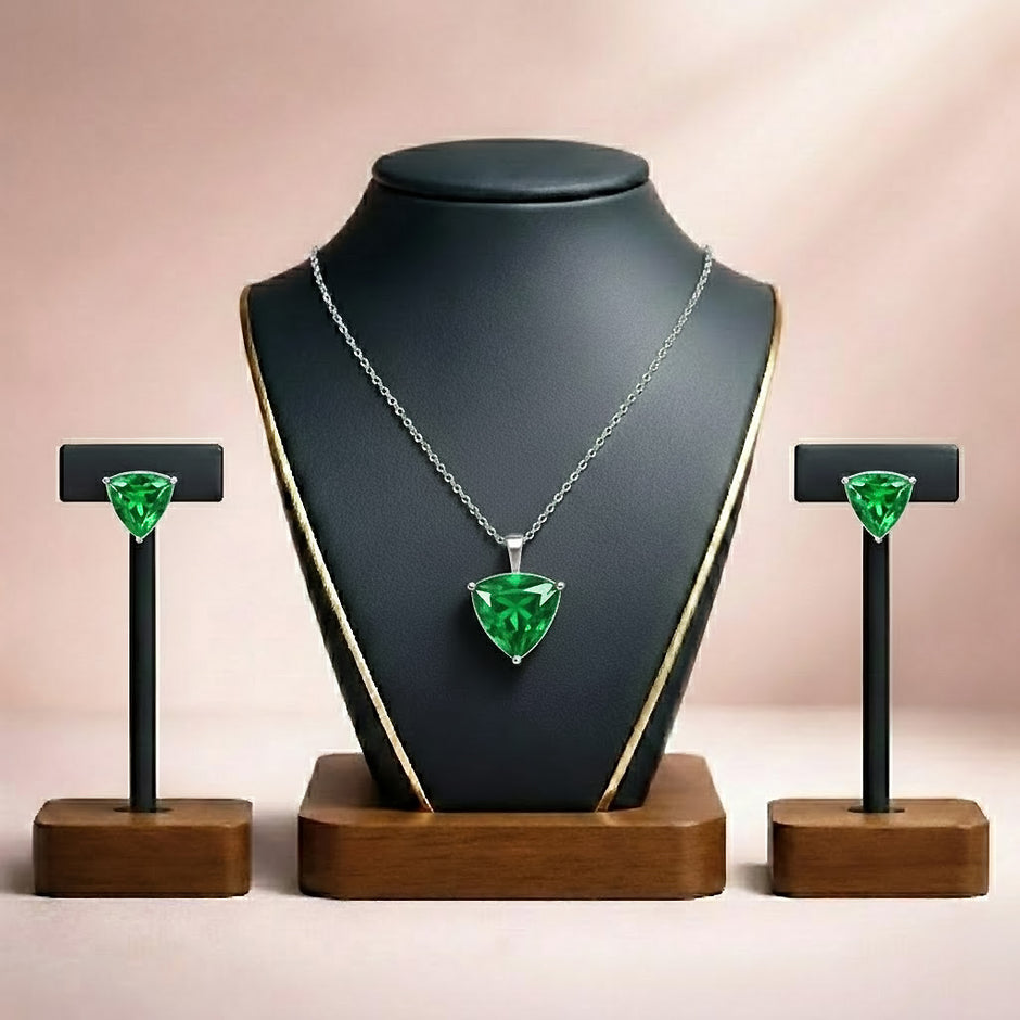 Emerald Green Triangle Pendant Necklace & Stud Earrings Set