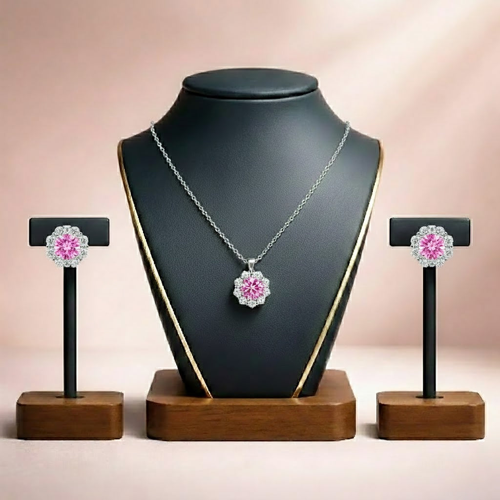 Blush Pink Crystal Halo Pendant Necklace & Stud Earrings Set