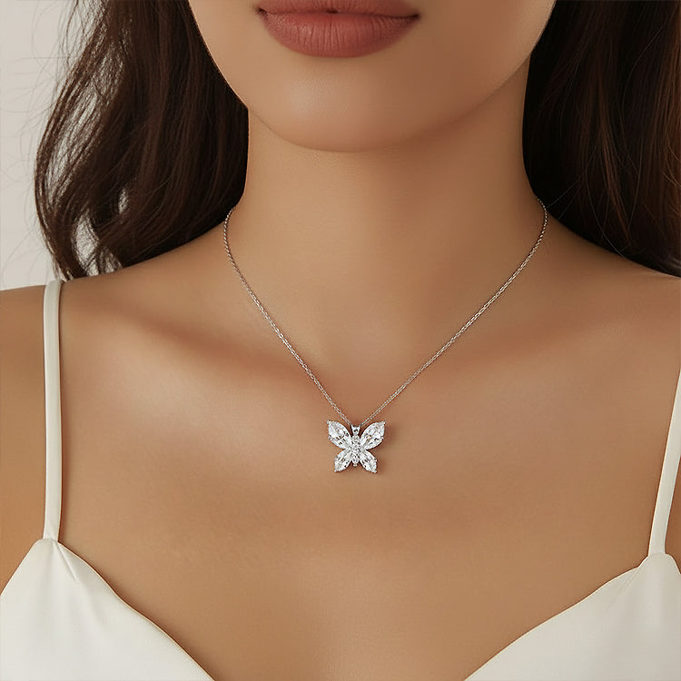 Silver Crystal Butterfly Pendant Necklace & Stud Earrings Set