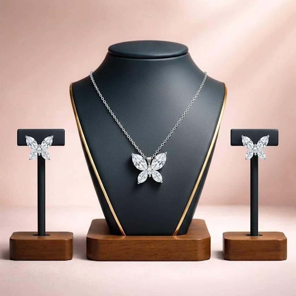Silver Crystal Butterfly Pendant Necklace & Stud Earrings Set